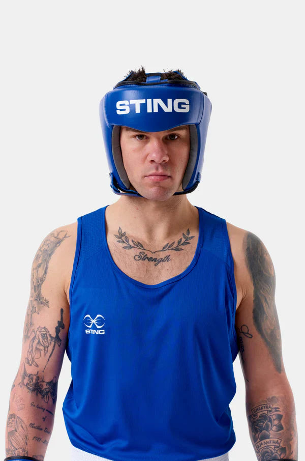 STING Competition approved open face head guard blue