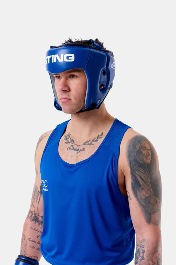 STING Competition approved open face head guard blue
