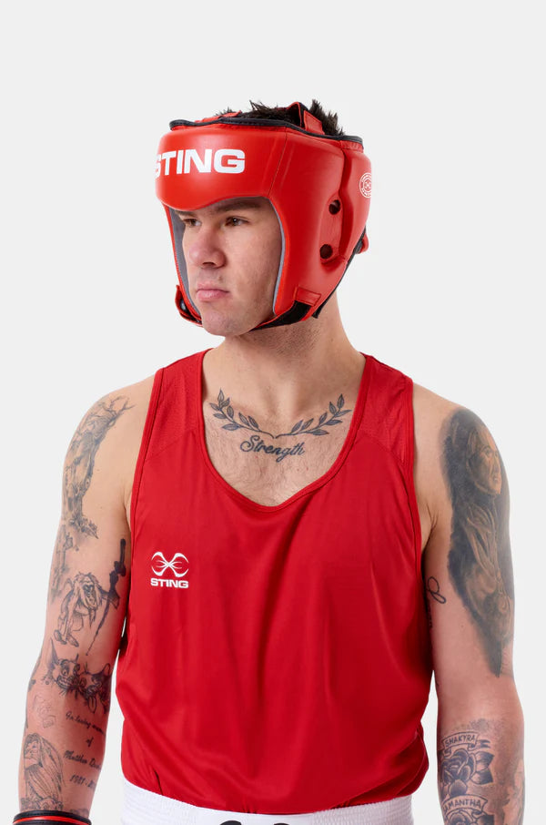 STING Competition approved open face head guard red